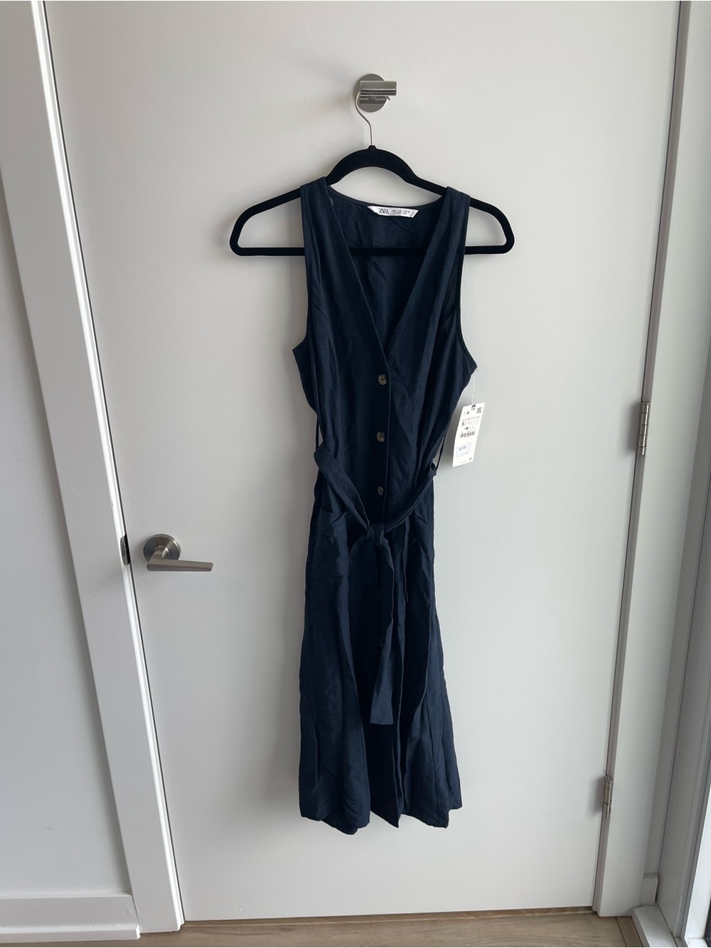Zara Sleeveless Navy Button-Front Tie-Waist Dress
